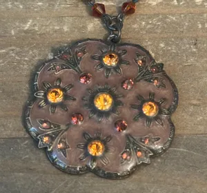 Bronze tone amber glass bead floral pendant necklace thumbnail 3