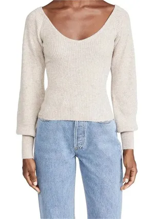 Reformation Hart‎ Cashmere Ribbed V-Neck Sweater Cream XS Blouson Sleeve *FLAW* thumbnail 1