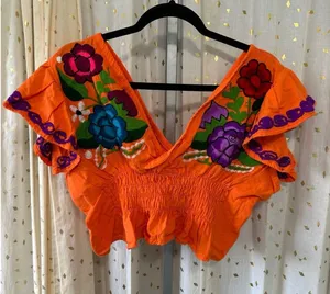 Solei Mexican Artisan Mariposa 100% Cotton Embroidered Floral Crop Ruffle Top L thumbnail 1