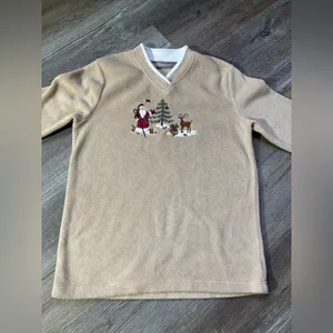 Croft & Barrow VTG Christmas Sweater Santa Sleigh Reindeer Bunny Fuzzy Sherpa Brown Tan Comfy S thumbnail 2
