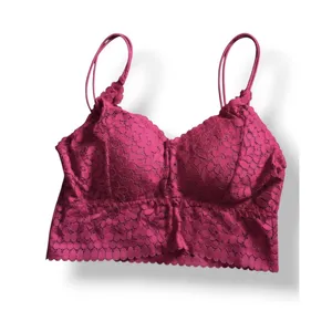Maroon Floral Lace Bralette Crop Top Double Spaghetti Strap V-Neck Scalloped thumbnail 2
