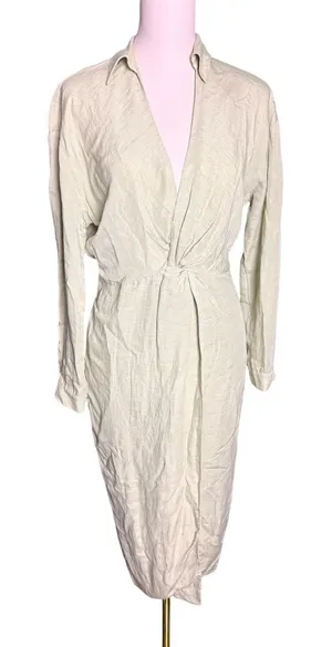 Anthropologie Sage Green Linen Blend Twist Front Midi‎ Dress US 8 UK 12 EU 40 thumbnail 1