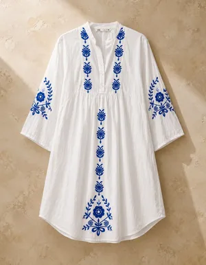 Zara Women Tunic Top XS White Blue Floral Embroidered Boho 3/4 Sleeve thumbnail 1