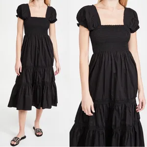 Anthropologie O.P.T. • Daphne Square Neck Smocked Maxi Dress black cotton poplin tiered thumbnail 3