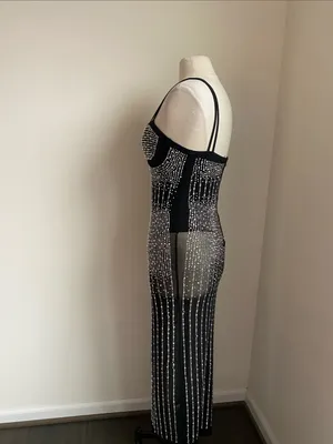 Rhinestone Stretch Black Sheer Midi Dress Built in Bodysuit Womens Sz Large thumbnail 5