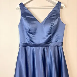 Miss Veil Satin Tea Length Dress Double V Neck Bow Detail Pockets NWT Blue Small thumbnail 2