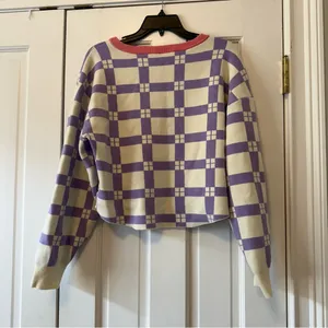 Anthropologie Daily Practice Plaid Purple & White Long-Sleeve Cropped Sweater M thumbnail 5
