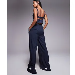 Princess Polly NWT Navy Pinstripe Wide Leg Pants High‎ Waisted Trousers Size 10 thumbnail 2