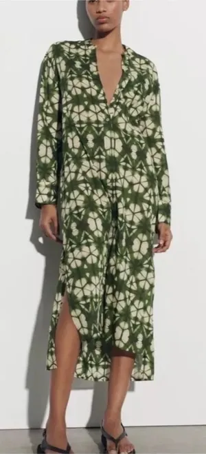 Zara Green Tie Dye Printed Button Front Midi Maxi Tunic Dress Cover Up Small NEW thumbnail 1