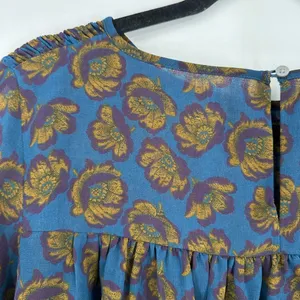 LOFT XS Floral Smocked Blouse Blue Mustard Purple Yoke‎ Keyhole EUC Flowy Fall thumbnail 2