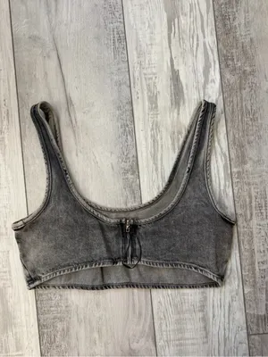 Zara TRF Denim Western Festival Cropped Gray Acid Wash Tank Top size medium thumbnail 7
