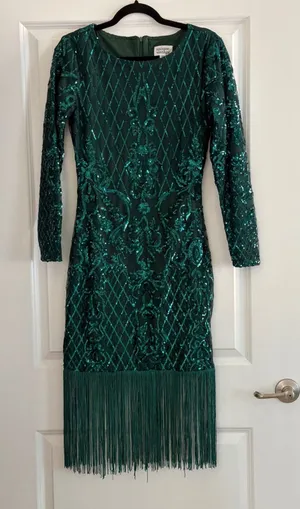 Unique Vintage 1920s Margaux Emerald Green Sequin Fringe Flapper Dress Small 4 thumbnail 1