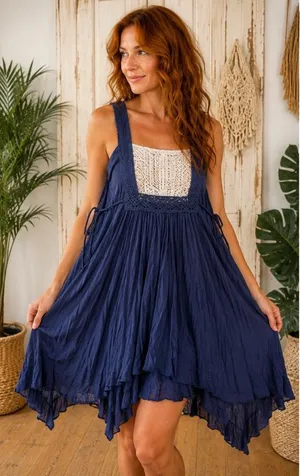 M - ALTAR’D STATE - Boho Square Neck Navy Tunic/Sundress with Crochet Panel thumbnail 1