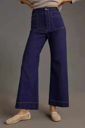 Anthropologie Maeve Colette Contrast Stitch Crop Wide Leg Pants Navy Size 26P thumbnail 1