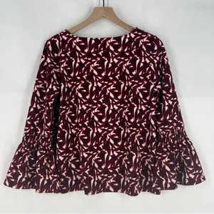 Ann Taylor Elegant Burgundy Floral Print Stretch Crepe Women's Bell Sleeve Top M thumbnail 6