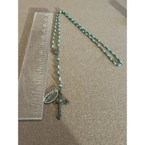 Art Deco Style RosaryAqua Glass Beads Silver-Tone Crucifix Saint Therese 1930’s thumbnail 2