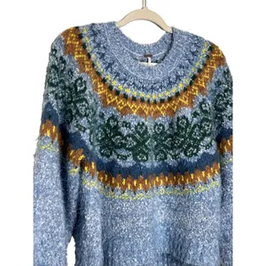 Free People Festive Frost Fair Isle Fuzzy Sweater Small Blue Green Oversized thumbnail 3