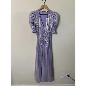 NWT ROTATE Birger Christensen Sierina Sequin Puff Sleeve Ruched Dress Lavender 0 thumbnail 10