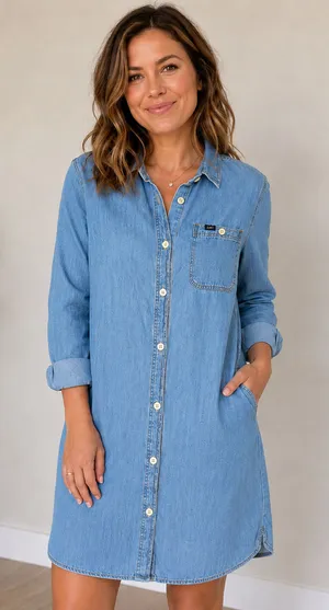 Lee‎ blue jean Shirt Dress M Denim Button front Western Academia 100% cotton thumbnail 1