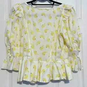 ANNA MASON Rosi Blouse White & Yellow Banana Ruffle‎ Button Down Medium thumbnail 8
