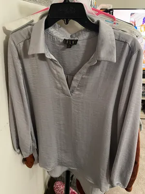 Silky Silver Collared Blouse Size M thumbnail 1