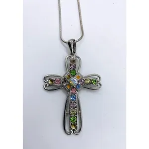 colorful rhinestone cross pendant necklace brushed antique silver thumbnail 3