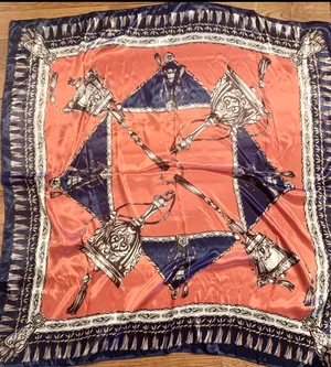 Vintage Large Antique Bells &Tassels blue/orange SQUARE SILKY SCARF 35/35 thumbnail 2