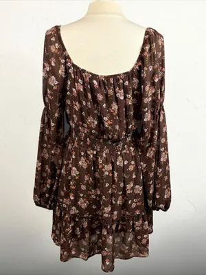 LIVE TO BE SPOILED Y2K Brown Chiffon Pink Floral Long-Sleeve Ruffled Mini Dress‎ thumbnail 6