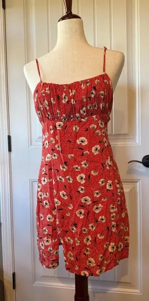 Olivacious Red Floral Polka Dot Smocked‎ Mini Dress Size Medium thumbnail 1