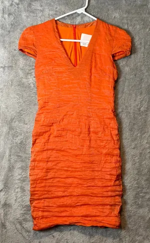 Yigal Azrouel Orange V-Neck‎ Crinkle Bodycon Dress Size 2 thumbnail 1