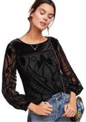 Eva Franco Art Deco Embroidered Mesh Top Womens S Black Burnout Velvet thumbnail 1