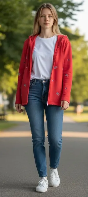 Womens Red Zip Up Hoodie‎ American Flag Embroidered Sweatshirt Jacket thumbnail 1