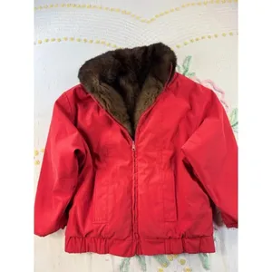 Vintage Red Fur Lined Bomber Jacket Heavy Winter Coat Real‎ Fur Trimmed Collar thumbnail 5