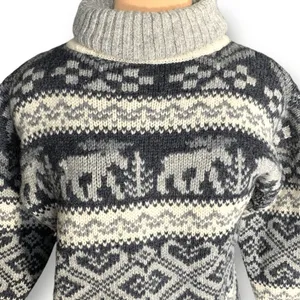 Vintage 90s Eddie Bauer Gray Black Moose‎ Nordic Fair Isle Turtleneck Sweater thumbnail 2