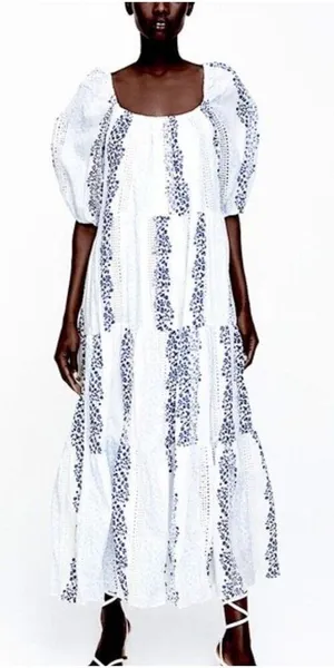 ✨ZARA Bloggers Favorite Printed & Embroidered blue white maxi Sz Medium dress✨ thumbnail 1