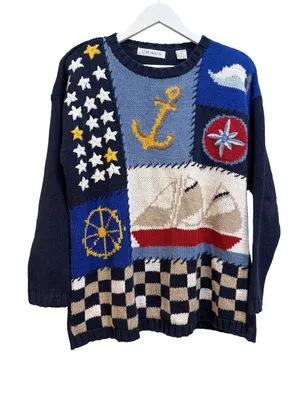 1980s Nautical Maritime Sailing Vintage Sailboat Whimsical Lagenlook Sweater thumbnail 1