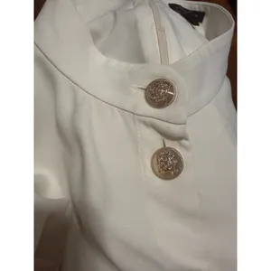 Ann Taylor Womens 12 Cream Crepe Mock Neck‎ Gold Button Belted Puff Sleeve Dress thumbnail 9