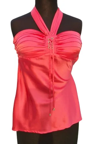 Cache Coral Silk Ruched Lace Up Halter Top New Built In Bra Stretch NWT $98 thumbnail 1