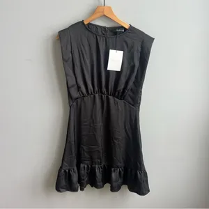 Deluc NWT Harlow Black Satin Mini Dress Size Medium Sleeveless Ruffle Dress thumbnail 3