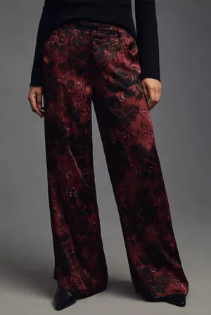 By Anthropologie Low Rise Pleated Floral Satin Trousers Wide Leg Size 6 thumbnail 1