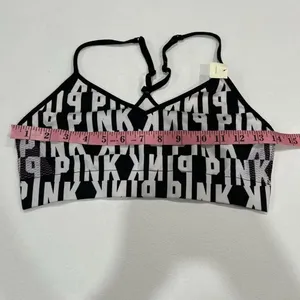 PINK Victoria’s Secret Logo Sports Bra Medium – Black White Racerback Compressio thumbnail 4