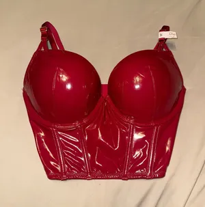 Victoria's Secret red patent leather corset bra with lace detailing thumbnail 1