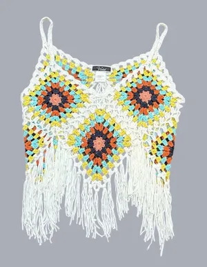 Vivid Granny Square‎ Crochet Fringe Crop Top Multicolor Boho Festival thumbnail 1