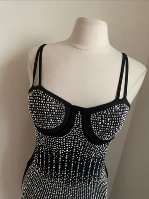 Rhinestone Stretch Black Sheer Midi Dress Built in Bodysuit Womens Sz Large thumbnail 2