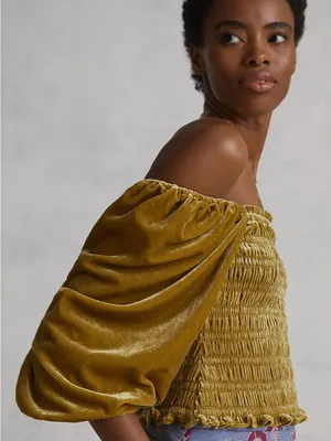 Anthropologie Puff-Sleeved Velvet Blouse in mustard yellow green size medium thumbnail 2
