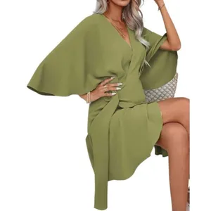 SheIn NEW Vacay Olive Green Ruffle Hem Wrap Mini Dress Large thumbnail 4