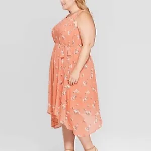 AVA & VIV Plus Size Floral Pleated Midi Dress Peach Pink Orange Hi-Lo 1X NO BELT thumbnail 4