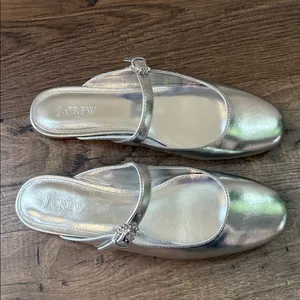 J Crew Silver Metallic Mary Jane Mules Gem Detail Size 8.5 Preppy Party Academia thumbnail 3