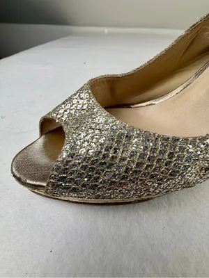 Jimmy‎ Choo Glitter Slingback Peep Toe Heels Gold Metallic EU 40 thumbnail 5