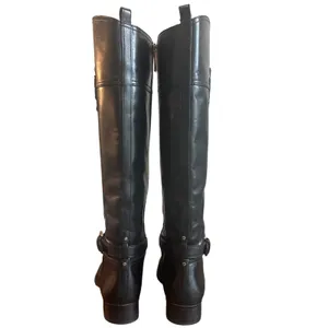 Tory Burch Black Leather Riding Boots Embossed Double T Logo Size 8 thumbnail 3